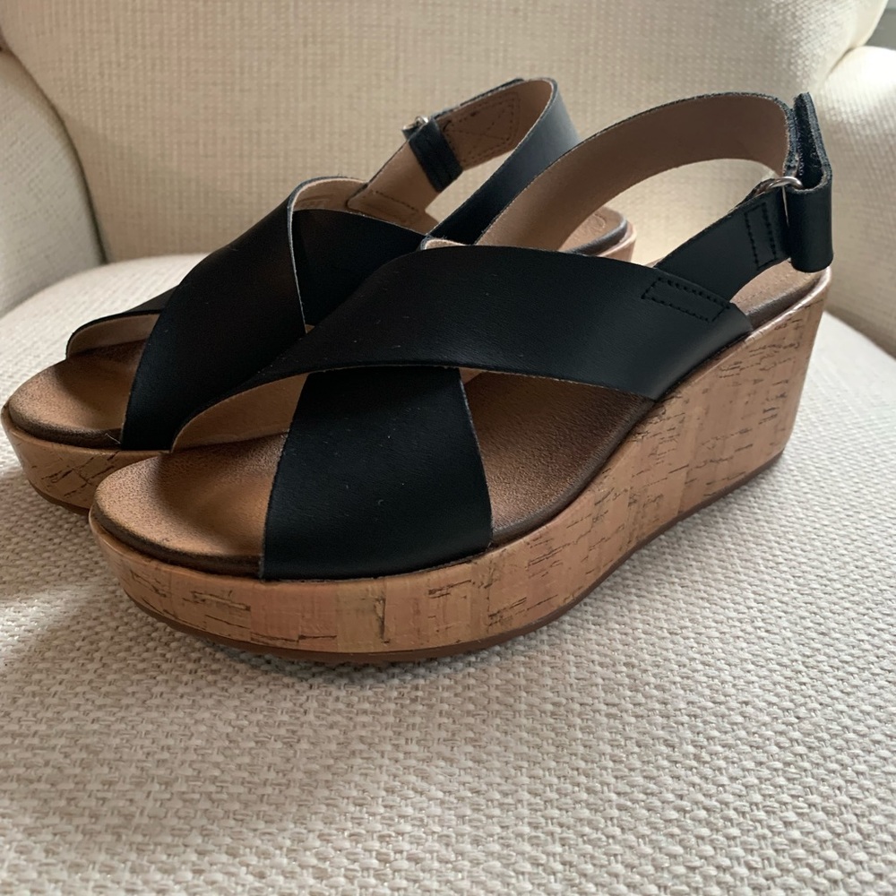Clarks Stasha Hale Black Leather Platform Wedge Cork Heel Sandals Size 7